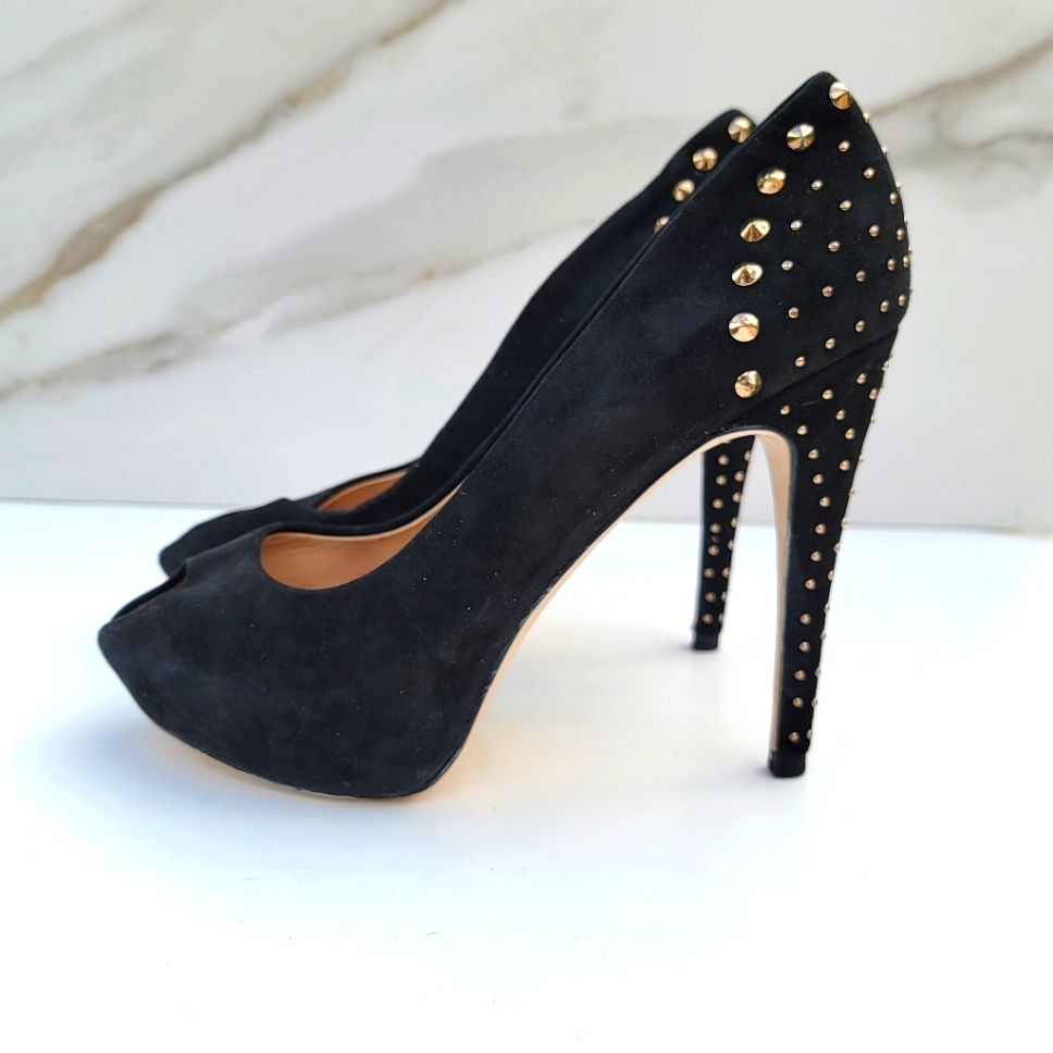 Zara | Black Suede Studded Stiletto Peep Toe Platform Pump Heels Size 40